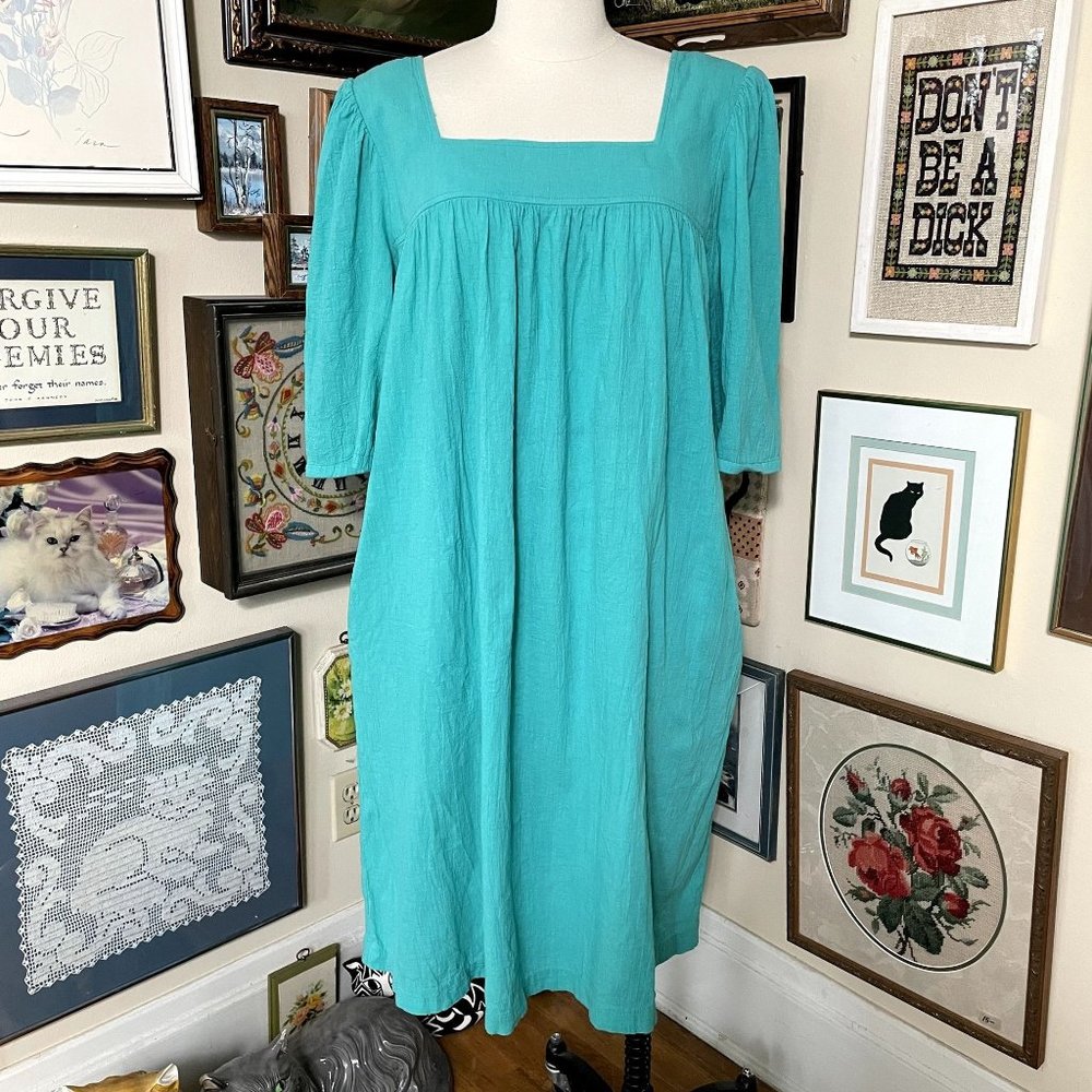 80s Vintage Plus Size Silhouettes Blue Green 100% Cotton Comfy Patio Dress 1X